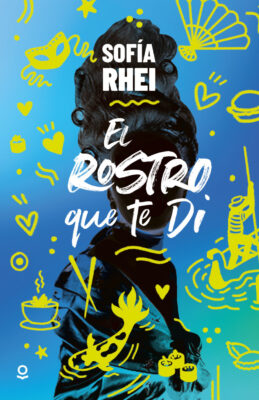 El rostro que te di, título de portada en la que aparece una mujer con un moño veneciano en sombras sobre un fondo azul y rodeada de elementos característicos de Venecia.