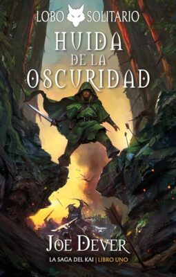 Portada de Huida de la oscuridad. Librojuego de Lobo solitario. Aparece un monje de Kai empuñando una espada sobre un acantilado. Está siendo asediado por los enemigos que le lanzan flechas.